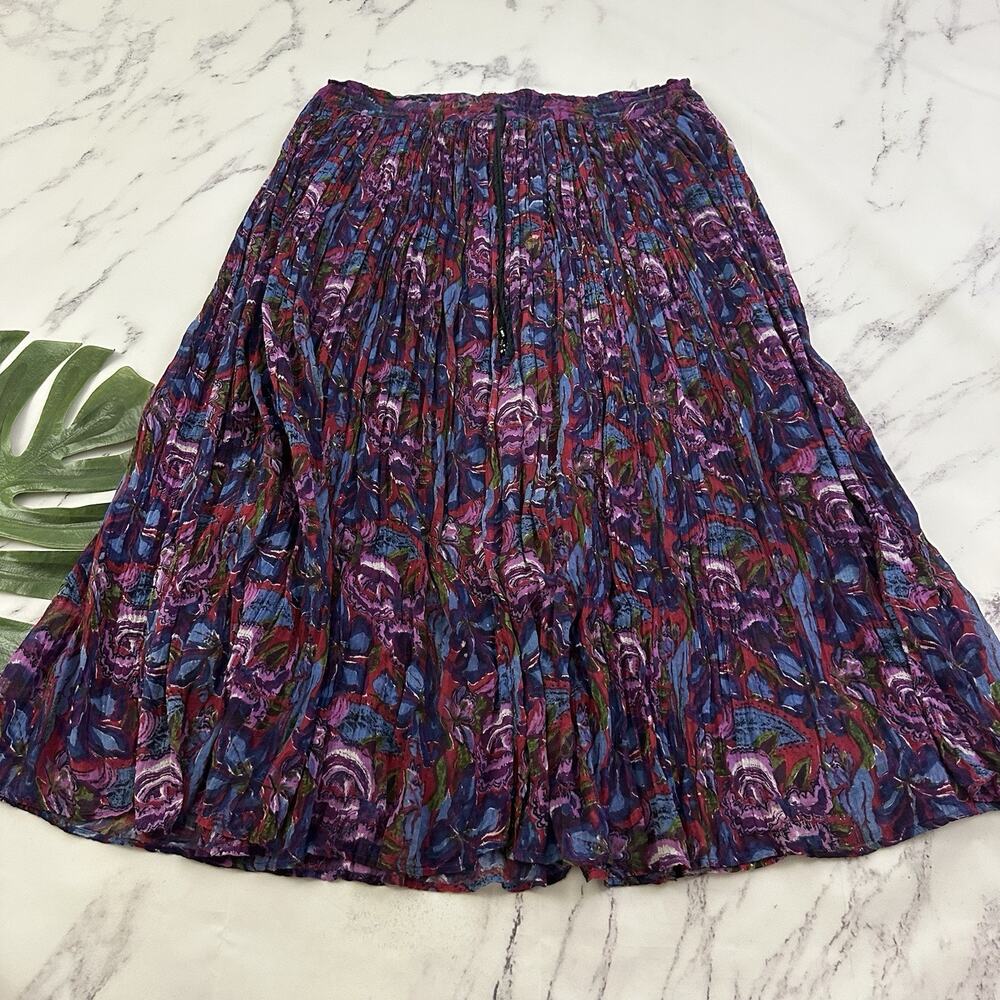 Womens Vintage 90s Crinkle Maxi Skirt Plus Size 1x Purple Floral Boho Festival